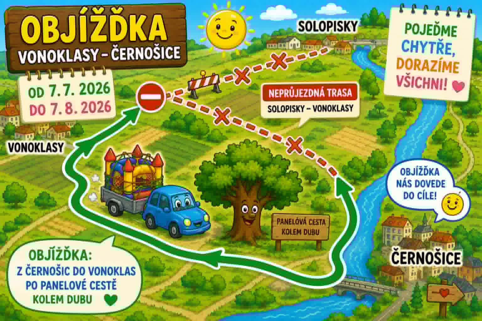 Objízdka Vonoklasy–Černošice: uzavírka silnice Solopisky–Vonoklasy od 7. 7. do 7. 8. 2026, objízdná trasa z Černošic po panelové a lesní cestě.